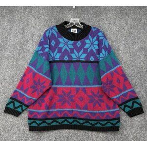 VINTAGE 80s 90s Retro Fair Isle Black Colorful Snowflake Sweater 18 Made In USA